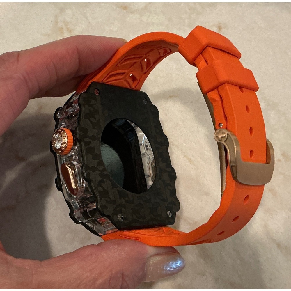 Carbon Fiber Apple Watch Case 44/45/46/49mm Orange Band Double Vision - Picture 4 of 12